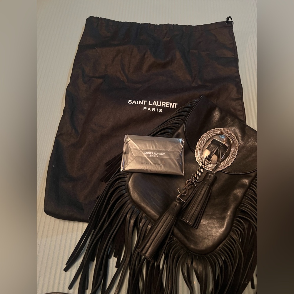 Saint Laurent YSL Black Leather Anita Fringe Crossbody Shoulder Bag